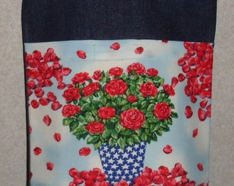 New Small Handmade Rose Floral Americana Patriotic Denim Tote Bag