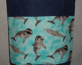 New Medium Handmade Baby Dolphins Ocean Beach Sea Denim Tote Bag