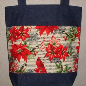 New Large Handmade Cardinal Music Poinsettia Winter Christmas Denim Tote Bag