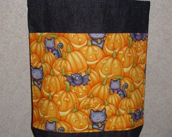 New Small Handmade Halloween Pumpkins Cats Bats Trick or Treat Denim Tote Bag