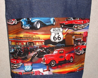 New Large Handmade Route 66 Trucks America Denim Tote Bag