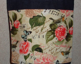 New Small Handmade Birds Flowers Butterfly Garden Denim Tote Bag