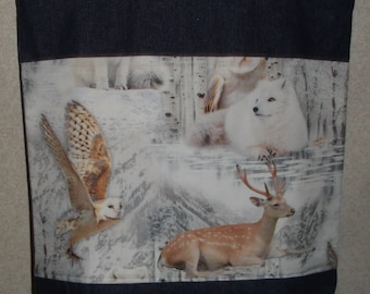 New Large Handmade Snowy Winter Wildlife Owl Deer Fox Denim Tote Bag