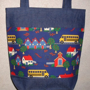 New Large Handmade School Playground Bus Teacher Denim Tote Bag