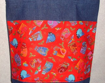 New Large Denim Tote Bag Handmade with Laurel Burch Red Christmas Cats Fabric