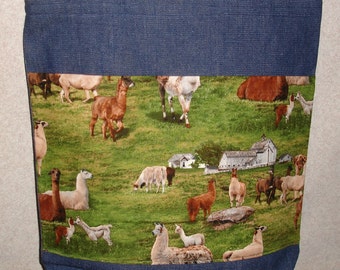 New Handmade Large Denim Tote Bag Llama Alpaca Farm Theme