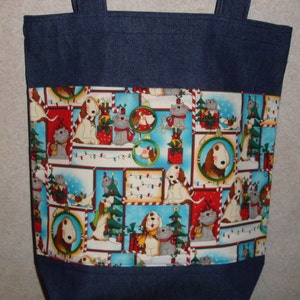 New Large Handmade Christmas Holiday Whimisical Dogs & Cats Pets Denim Tote Bag