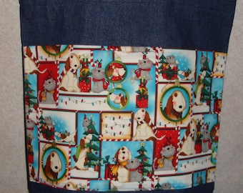New Large Handmade Christmas Holiday Whimisical Dogs & Cats Pets Denim Tote Bag