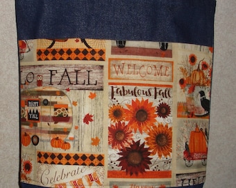 New Medium Handmade Denim Tote Bag Autumn Harvest Hello Fall Pumpkins Theme