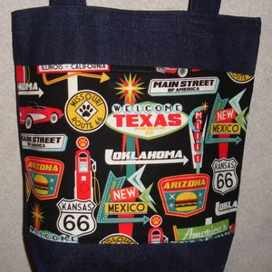 New Medium Handmade Route 66 Signs America Denim Tote Bag