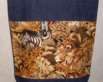 New Handmade Large Denim Tote Bag Jungle Lion Zebra Wildlife Theme