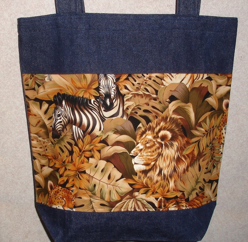 New Handmade Large Denim Tote Bag Jungle Lion Zebra Wildlife Theme