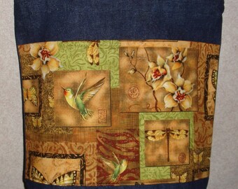 New Medium Handmade Hummingbird Dogwood Dragonfly Nature Denim Tote Bag