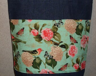 New Large Handmade Colorful Bird Butterfly Garden Flowers Mint Bkgd Denim Tote Bag