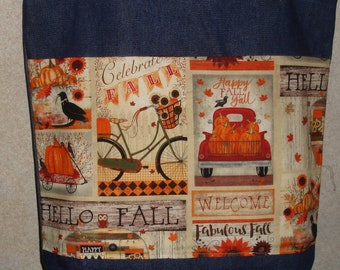 New Large Handmade Pumpkin Autumn Hello Fall Truck Harvest Denim Tote Bag