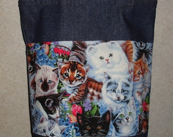 New Medium Handmade Flower Cats Cat Kitten Kitty Kittens Denim Tote Bag