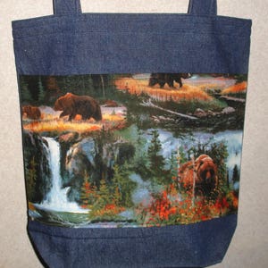 New Large Handmade Grizzly Bears Wildlife Nature Denim Tote Bag