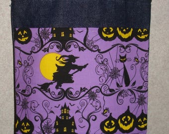 New Small Handmade Halloween Witch Pumpkins Purple Background Denim Treat Tote Bag