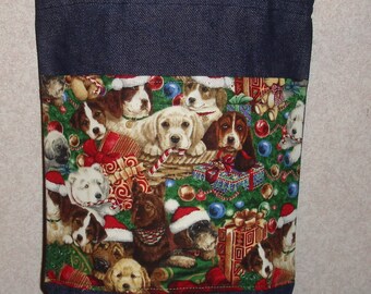 New Small Handmade Christmas Puppies Holiday Trim Denim Tote Bag Purse