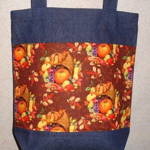 New Handmade Large Fall Autumn Harvest Cornucopia Pumpkin Denim Tote Bag