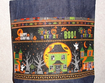 New Medium Handmade Halloween Spooky Glittery Haunted House Tote Bag