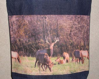 New Handmade Bull Elk Herd Wildlife Original Photo Photograph Fabric Large Denim Tote Bag