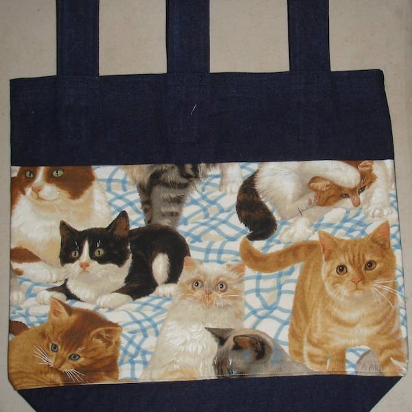 New Handmade Cats Kittens on Blue Plaid Blanket Walker Tote Bag