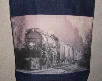 New Handmade Train Steam Vintage Locomotive Big Boy Union Pacific Original Photograph Photo Sepia Large Denim Tote Bag