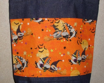 New Large Handmade Halloween Gnome Witch Moon Theme Treat Denim Tote Bag