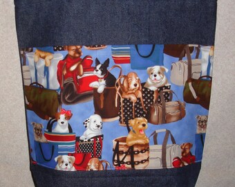 New Large Handmade Dogs and Purses Denim Tote Bag