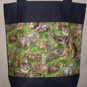New Large Handmade Bunny Rabbits Backyard Wildlife Denim Tote Bag
