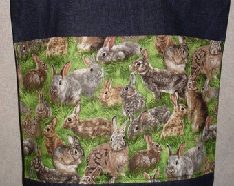 New Large Handmade Bunny Rabbits Backyard Wildlife Denim Tote Bag