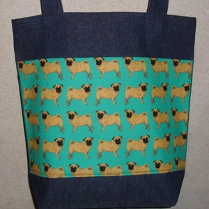 New Handmade Large Pugs Pug Toss Green Bkgd Dogs Pets Denim Tote Bag