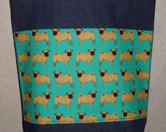 New Handmade Large Pugs Pug Toss Green Bkgd Dogs Pets Denim Tote Bag