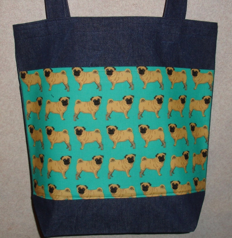 New Handmade Large Pugs Pug Toss Green Bkgd Dogs Pets Denim Tote Bag