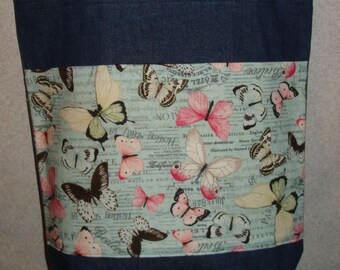 New Large Handmade Butterfly Butterflies Garden Pale Blue Bkgd Denim Tote Bag
