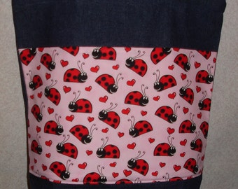 New Large Handmade Big Ladybugs Lady Bug on pink background  Denim Tote Bag