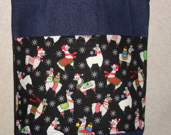 New Medium Handmade Christmas Llamas Holiday Denim Tote Bag Purse