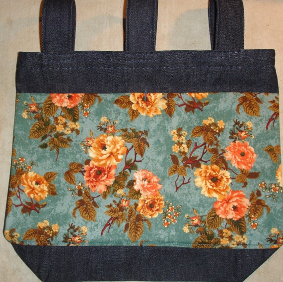 New Handmade Denim Walker Tote Bag Roses on Teal Background Theme