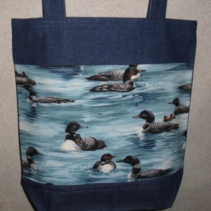 New Handmade Large Denim Tote Bag Birds Loons Lake Theme