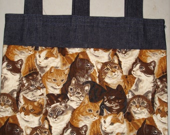 New Handmade Denim Walker tote Bag Cat Kitty Brown Theme