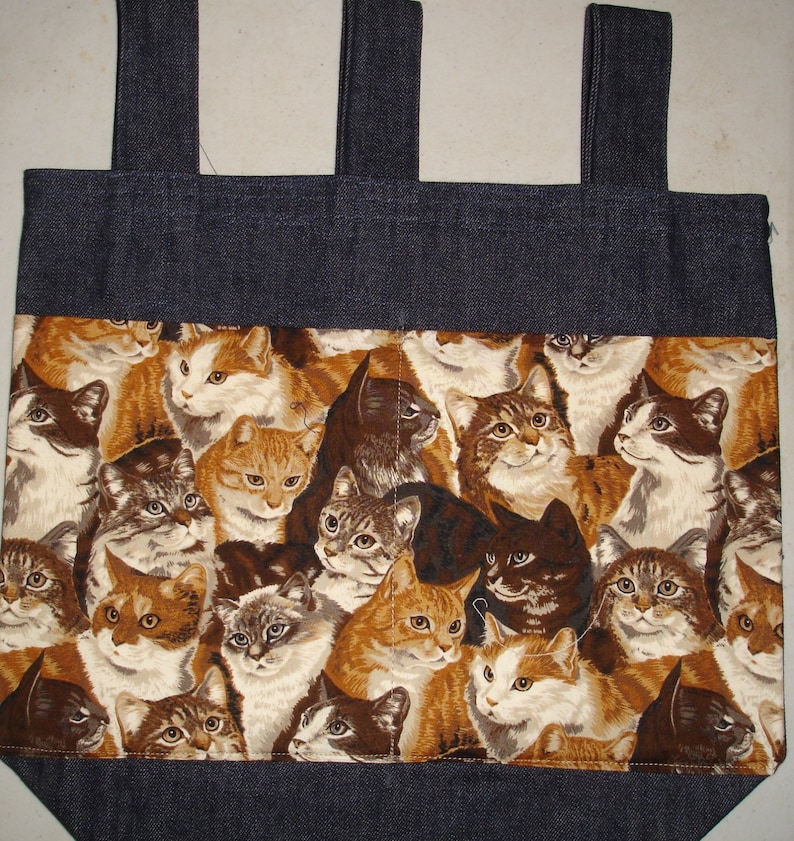 New Handmade Denim Walker Bag Cat Kitty Brown Theme image 1