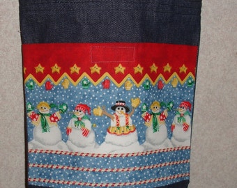 New Small Handmade Christmas Snowman Border Denim Tote Bag Purse