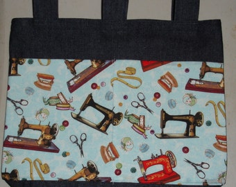 New Handmade Denim Walker Bag Antique Sewing Machine Theme