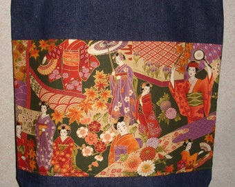 New Handmade Large Denim Tote Bag Bright Japanese Geisha Theme