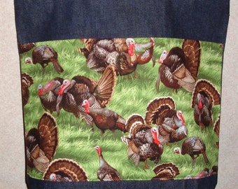 New Large Handmade Wild Turkeys in Grass Thanksgiving Denim Tote Bag