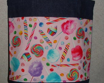 New Medium Handmade Decorated Cupcakes Cotton Candy Treats Denim Tote Bag