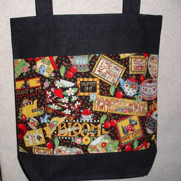 New Large Denim Tote Bag Handmade/w Mary Engelbreit Bloom Where Planted Fabric