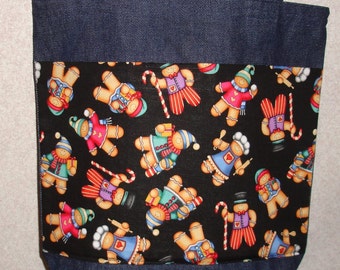 New Handmade Medium Gingerbread Men at Work Christmas Holiday Denim Tote Bag