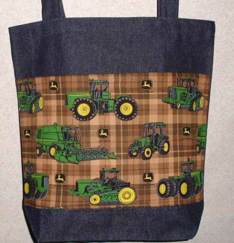 New Large Denim Tote Bag Handmade with John Deere Tractor Brown Checks Fabric